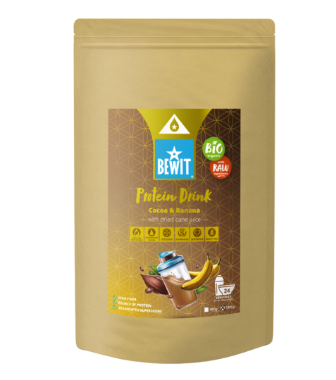 Bewit Proteinový nápoj kakao s banánem se sušenou třtinovou šťávou, BIO