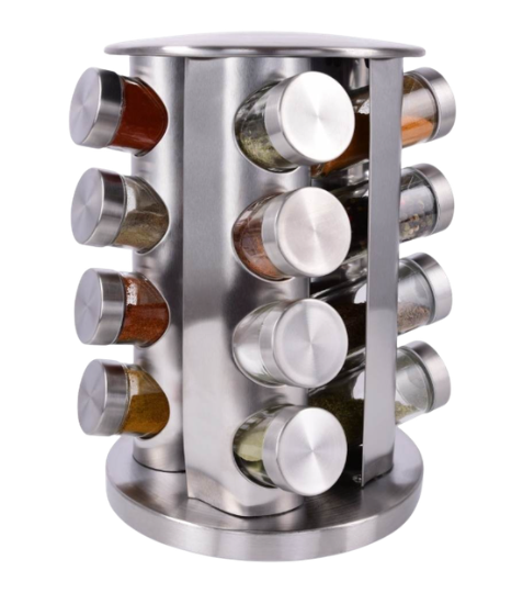 Dedra CAROUSEL 16×90 ml otočný nerezový stojan na koření se skleněnými kořenkami 1 ks