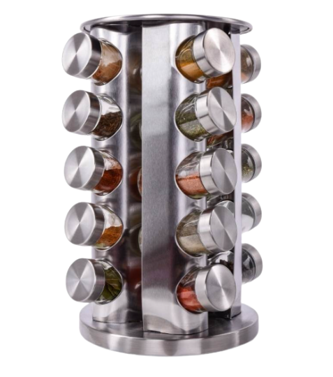 Dedra CAROUSEL 20×90 ml otočný nerezový stojan na koření se skleněnými kořenkami 1 ks