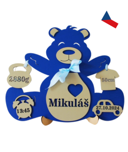 JH WoodArt Pamětní dřevěný medvídek – originální dárek pro novorozence