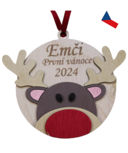 JH WoodArt Dřevěný vánoční ornament – První Vánoce s motivem soba 1 ks