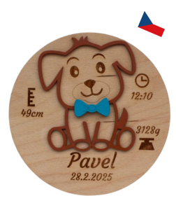 JH WoodArt Dřevěná památka k narození miminka – štěňátko s údaji na míru 1 ks