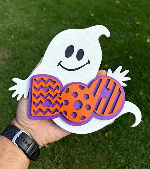 JH WoodArt Halloweenová dekorace duch fialová 20 x 23 cm