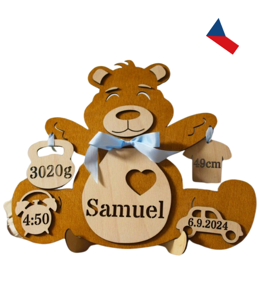 JH WoodArt Pamětní dřevěný medvídek – originální dárek pro novorozence Hnědý ořech - světle bílý dub