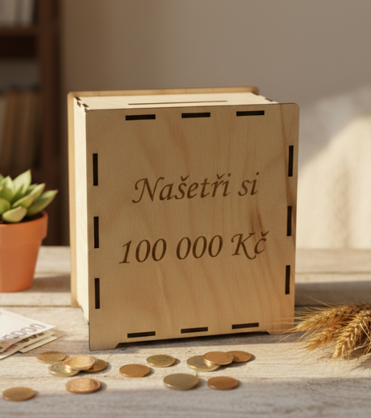 JH WoodArt Dřevěná pokladnička - Spořicí výzva 100 000,-Kč