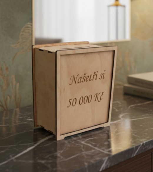 JH WoodArt Znovupoužitelná dřevěná pokladnička 50 000,-Kč