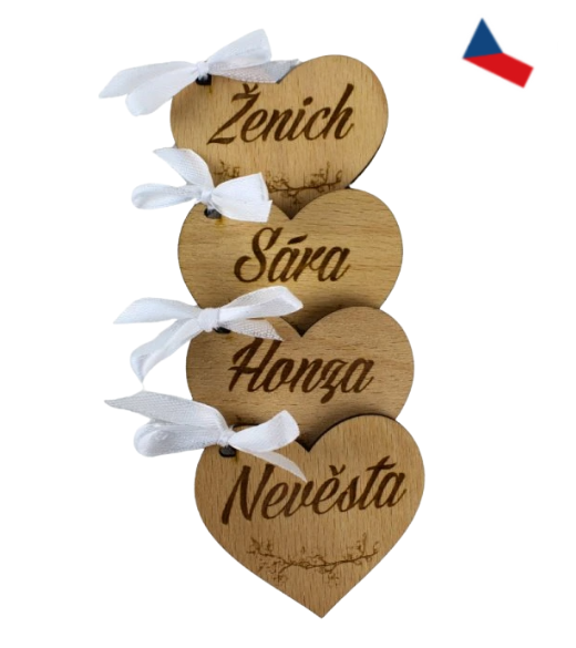 JH WoodArt Dřevěné svatební jmenovky ve tvaru srdce
